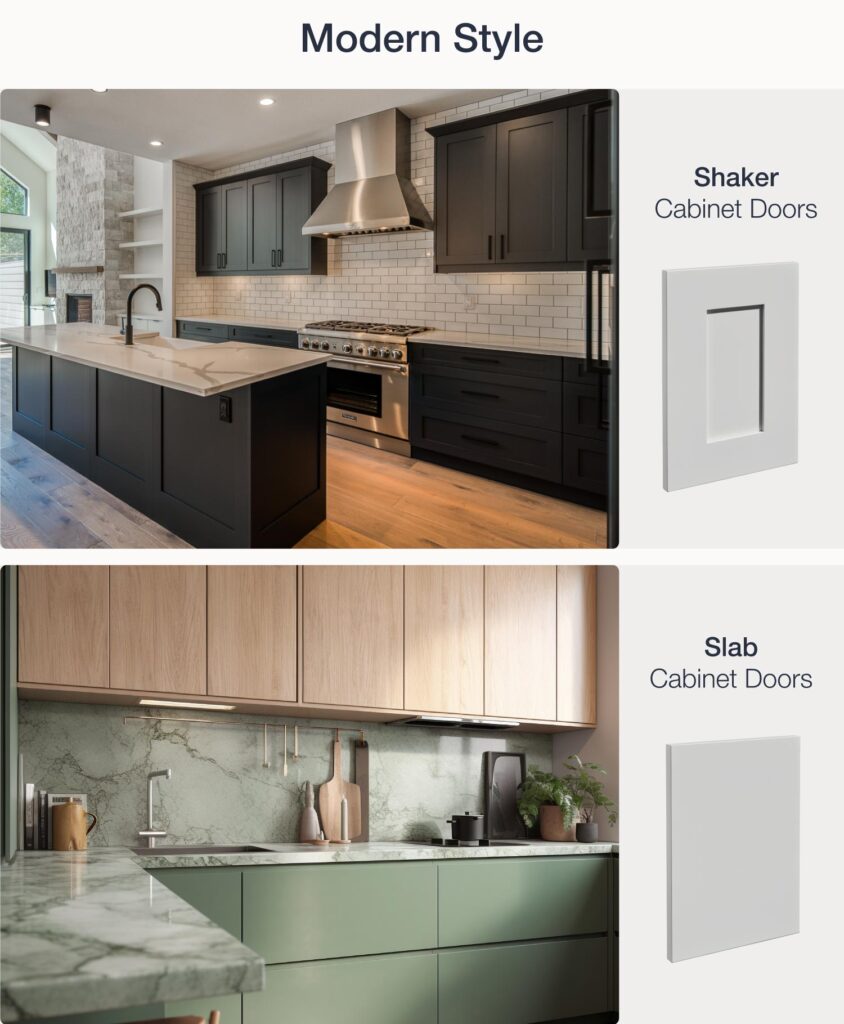 Modern kitchen with shaker and slab.