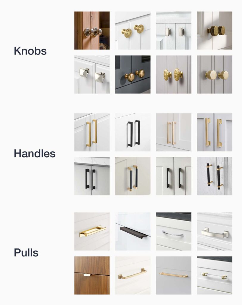 Various cabinet hardware styles displayed.